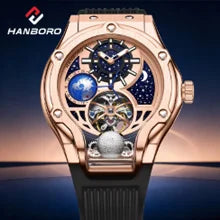 ase Autoy HANBORO Men’s Luxury Automatic Skeleton Watch  Rose Gold Starry Sky Moon Phase Mechanical WristwatchHollow Flywheel Moon Phxury Space Theme Sports Watch 980