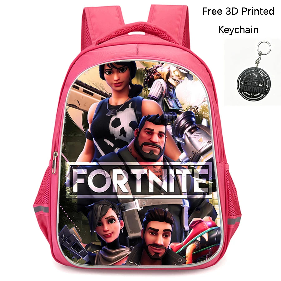 FORTNITE 16-inch Durable Lightweight Backpack, Dual Zipper Pockets, Cartoon Style for Boys & Girls 6-10,Free 3D Printed Keychain