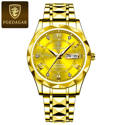 Montre homme POEDAGAR Business Luxury, étanche, en acier inoxydable, lumineuse, avec date et jour de la semaine, style sport, à quartz.