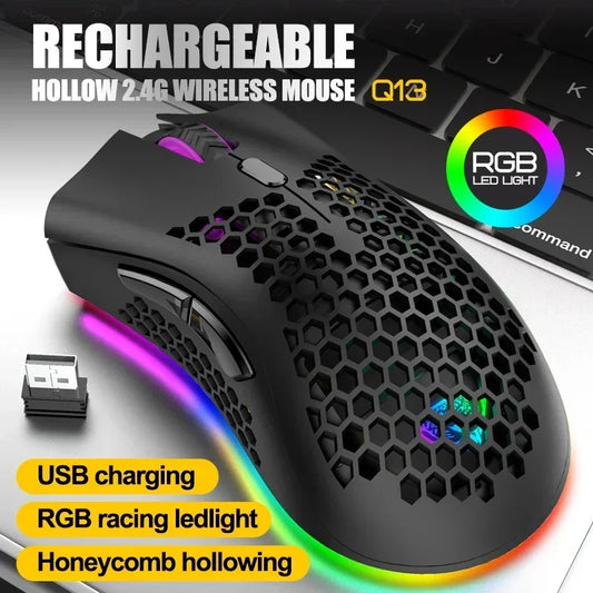 BM600 Wireless Gaming Mouse USB 2.4GHz Rechargeable RGB Wireless Mouse, Ergonomic Honeycomb Optical Mouse for PC, Laptop & Office