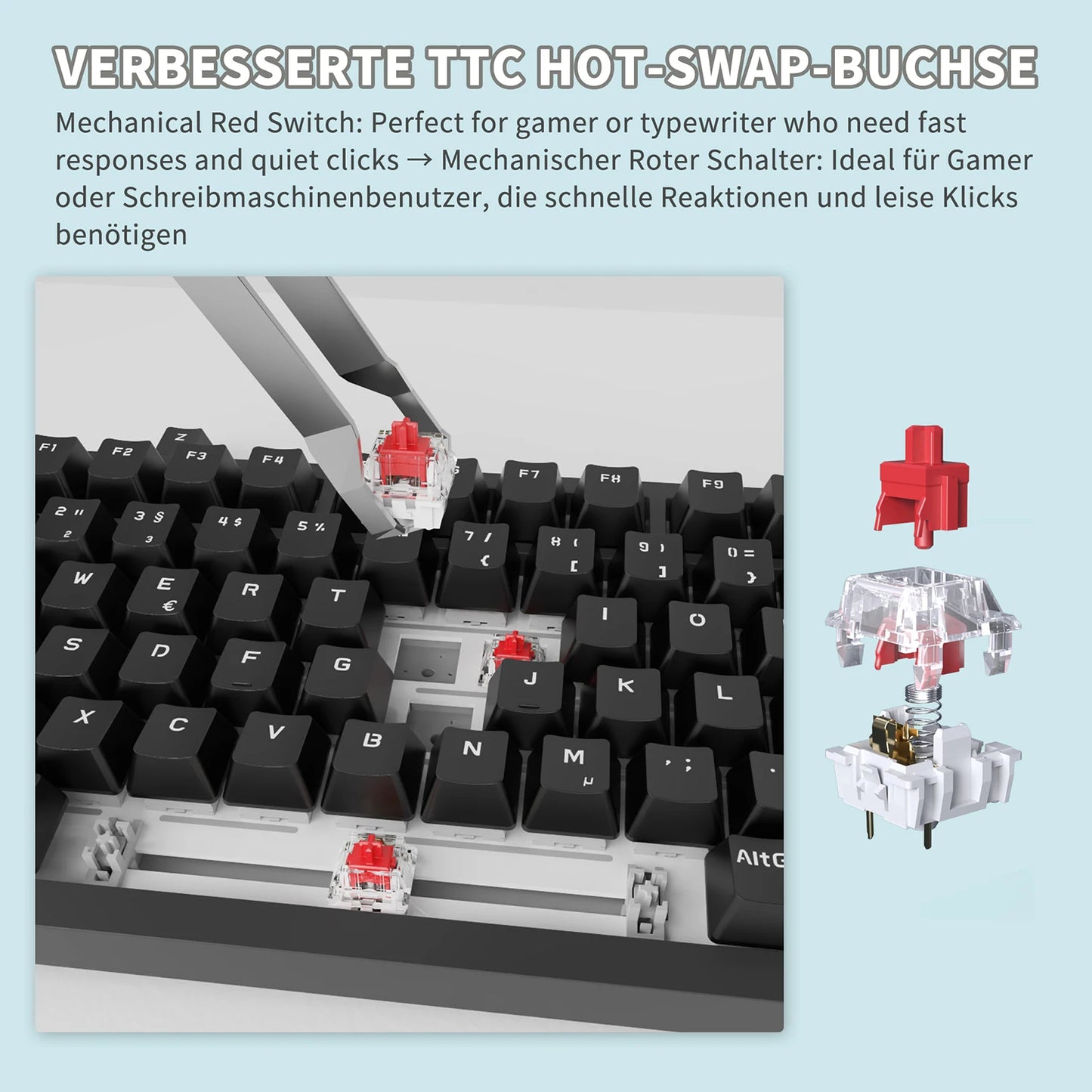 German Version Ajazz Ak820 Gaming Mechanical Keyboard, German Keyboard, Iso-De Layout Qwertz Hot-Swappable Volume Knob, Holiday Gift