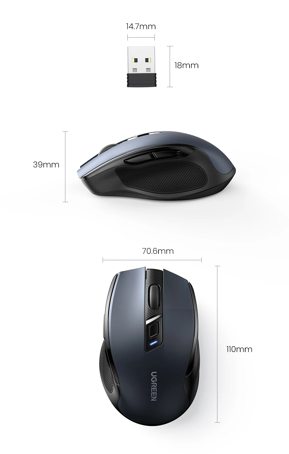 Bezdrátová myš UGREEN Bluetooth 5.0, ergonomická myš 4000 DPI se 6 tichými tlačítky pro MacBook, tablet, notebooky, počítač PC, 2.4G myš
