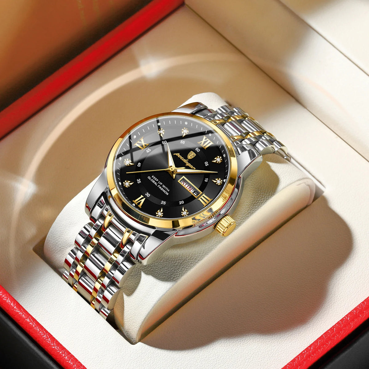 Trendy, luxe POEDAGAR herenpolshorloge, waterdicht, van roestvrij staal, verlicht, met datum en quartz-uurwerk.