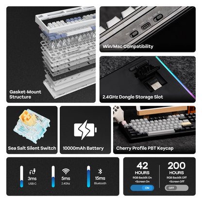 EPOMAKER TH108 PRO 100% Full-Sized Hot-Swap kabelgebundene/BT/2.4Ghz kabellose mechanische Tastatur mit Display & Drehknopf, 10000mAh Akku