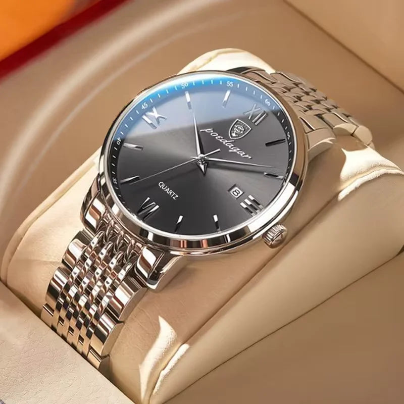 Relógio de pulso masculino POEDAGAR Business Quartz, aço inoxidável, resistente à água, data iluminada, relógio de pulso de luxo casual para homem