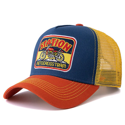 Unisex-mesh-trucker-kasket med klassisk motorcykelmønster, åndbar sommer-baseballkasket, streetwear-kasket til mænd og kvinder