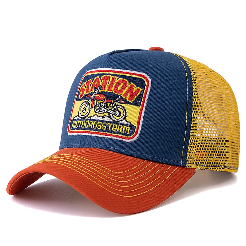 Unisex hálós trucker sapka, klasszikus motoros mintával, lélegző nyári baseball sapka, utcai divat sapka férfiaknak és nőknek