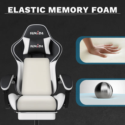 SUKIDA Ergonomic Gaming Chair with Footrest, Lumbar Support Computer Chair, Comfortable Office Chair with Adjustable Reclining Backrest