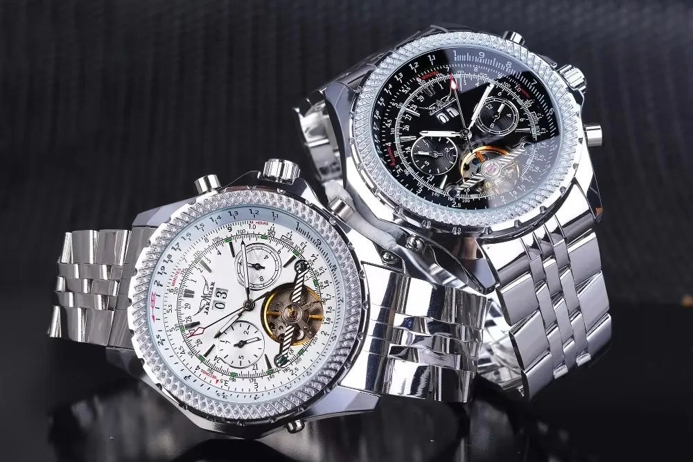 JARAGAR 034, lyxig retro-armbandsur med automatisk mekanisk urverk, tourbillon, skelettur, rostfritt stål, veckokalender, herrklocka