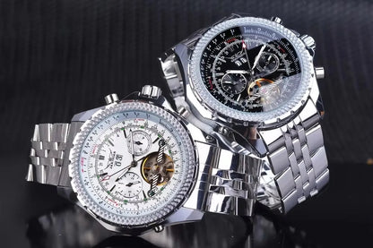 JARAGAR 034, lyxig retro-armbandsur med automatisk mekanisk urverk, tourbillon, skelettur, rostfritt stål, veckokalender, herrklocka