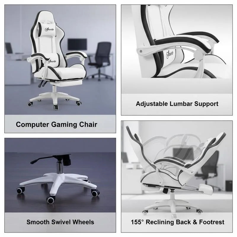 Ergonomic Leather Gaming Chair with 135° Reclining, 360° Swivel, Footrest, Adjustable Height, Comfortable Office & PC Gaming Chair