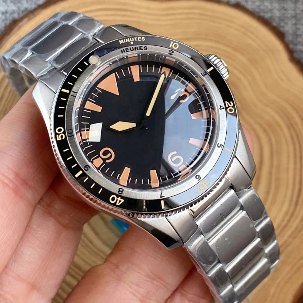 Tandorio NH35A PT5000 Mechanical Mens Watch 20BAR Waterproof Sapphire Luminous Red Black Dial Stainless Steel Bracelet New Clock