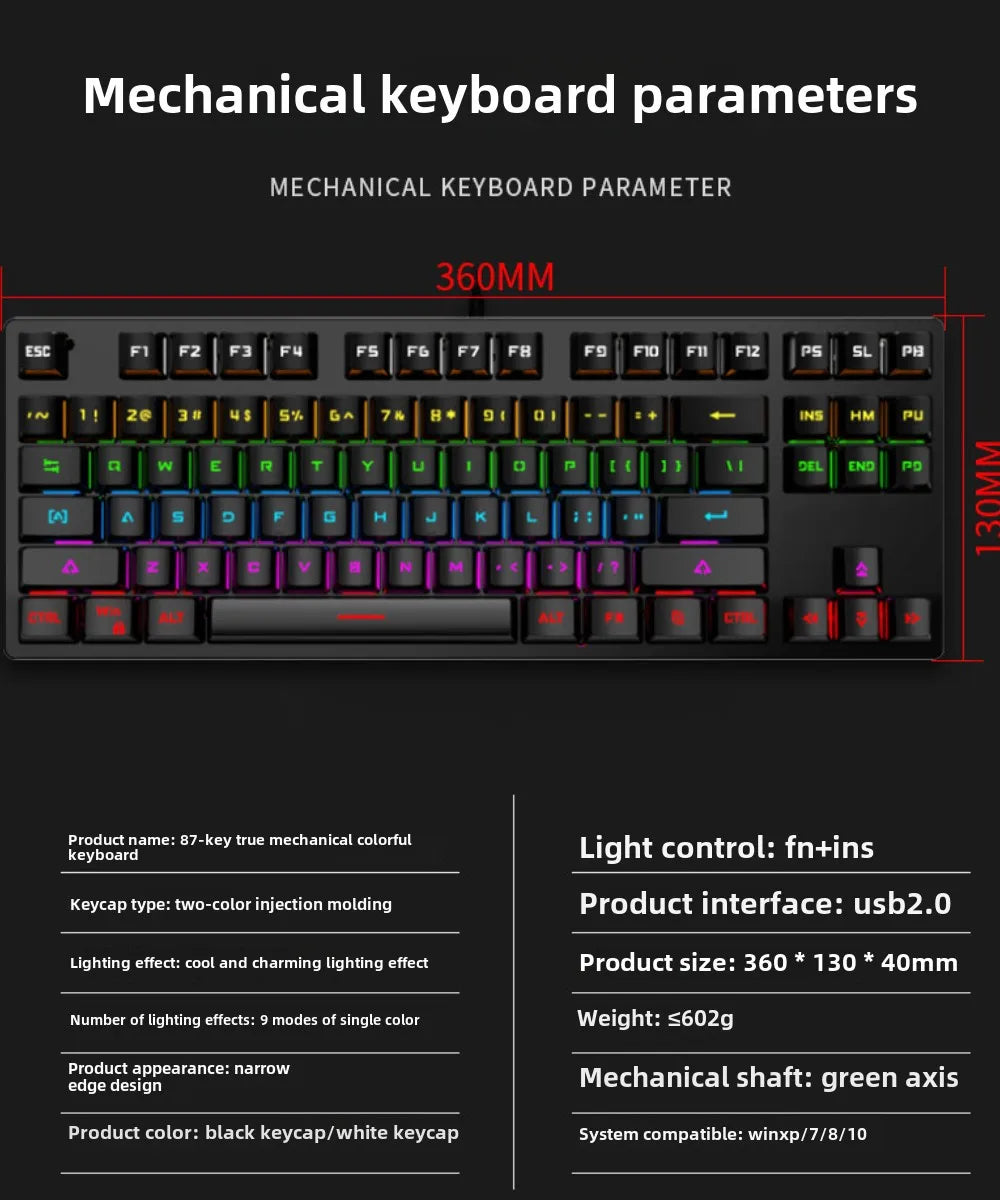 Gamer Mechanical keyboard 87 keys gaming 80% backlit key board ergonomic computer office wired mini pc numpad pink white black