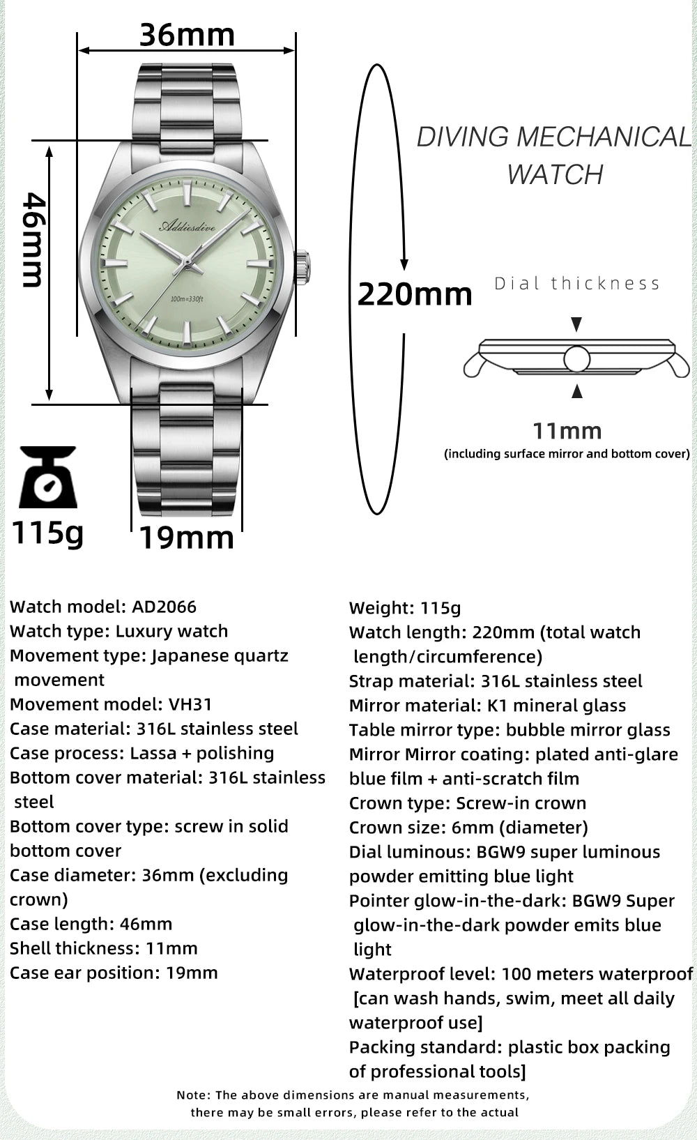 ADDIESDIVE 2024 New AD2066 Men's Watches Bubble Mirror Pot Cover Glass Stainless Steel Waterproof  Quartz Watch Man reloj hombre