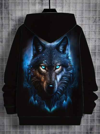 European and American Men's Autumn Fashion Wolf Print Soft and Comfortable Hooded Sweatshirt Outdoor Urban High Street Clothing