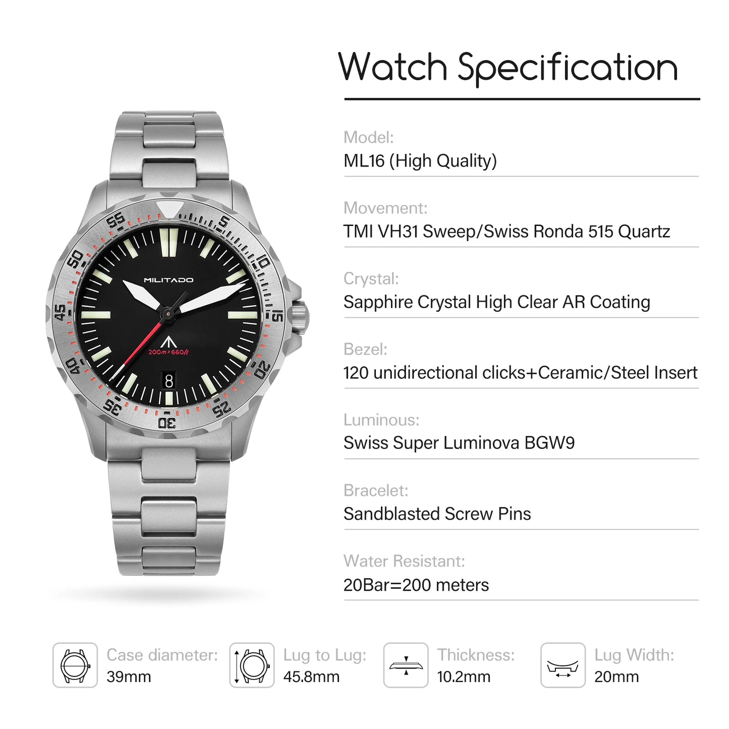 Militado ML16 Quartz Watch VH31 Sweep Movement Sapphire Super Luminova Watches Stainless Steel 200m Waterproof Wristwatch