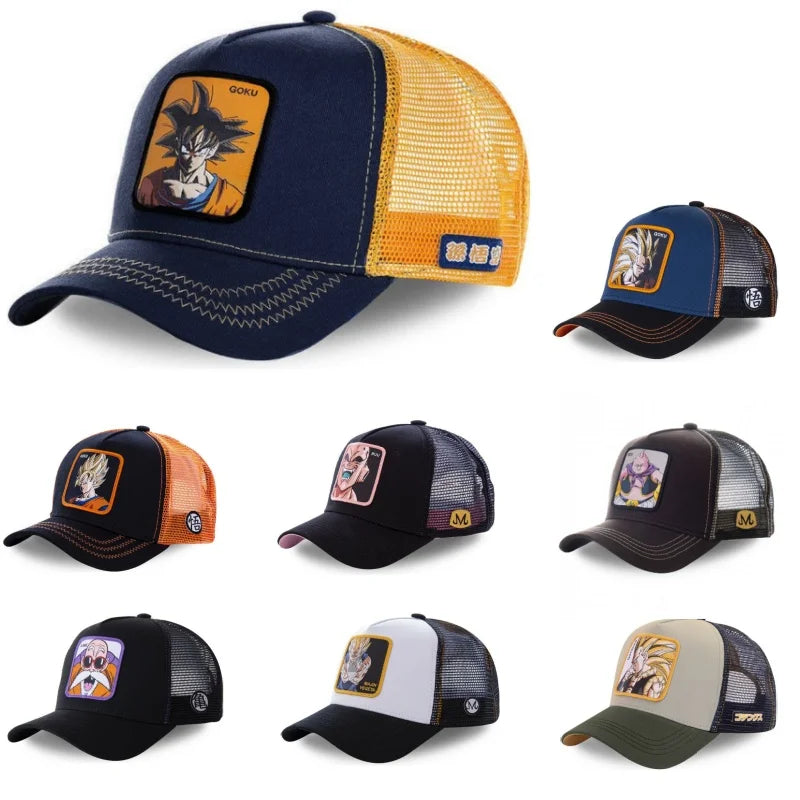 Dragon Ball Son Goku sapka, nyári utazós csúcsos sapka, férfi hímzett hip-hop stílusú napellenzős, állítható trucker hálós sapka