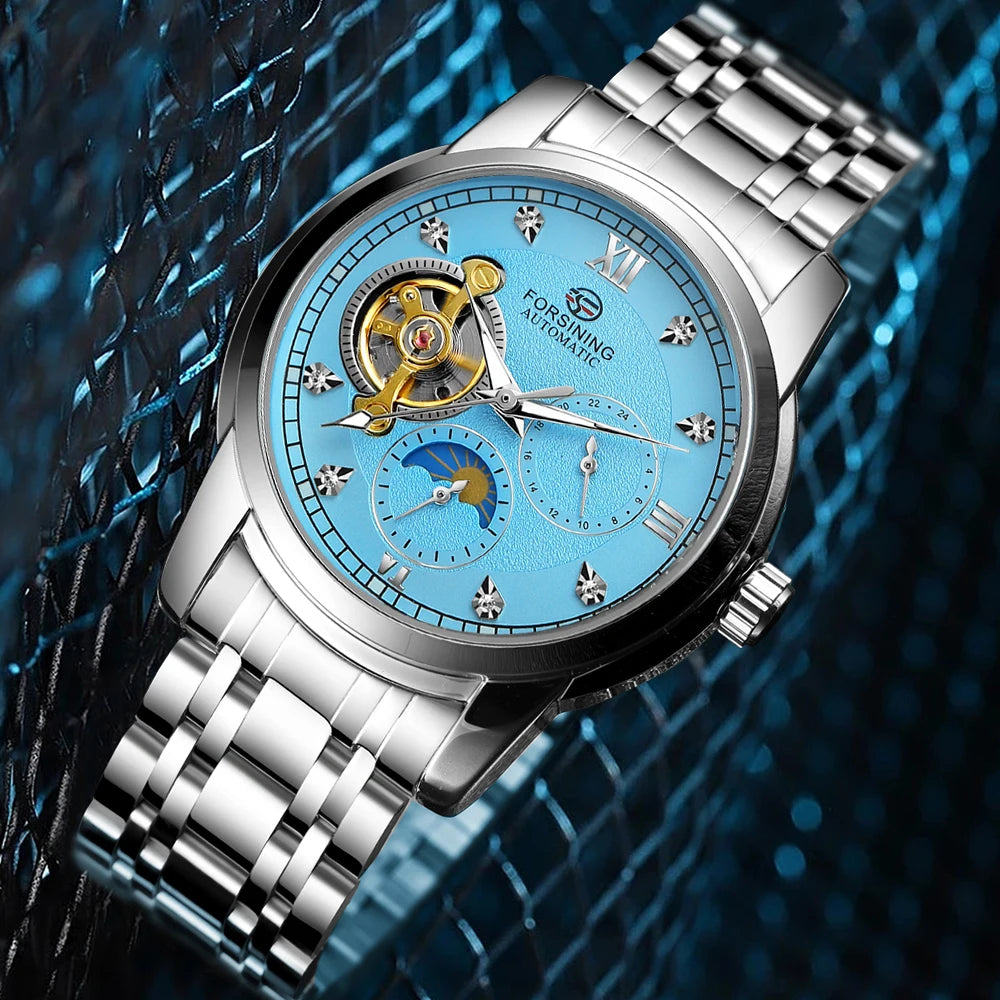 Ceas mecanic automat pentru bărbați Forsining – Stil de lux, business și fashion, brățară metalică, tourbillon, ace luminescente, împodobit cu diamante artificiale