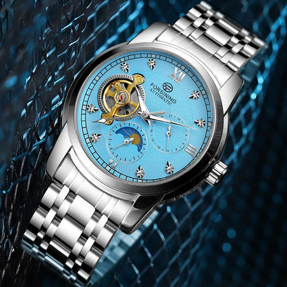 Ceas mecanic automat pentru bărbați Forsining – Stil de lux, business și fashion, brățară metalică, tourbillon, ace luminescente, împodobit cu diamante artificiale