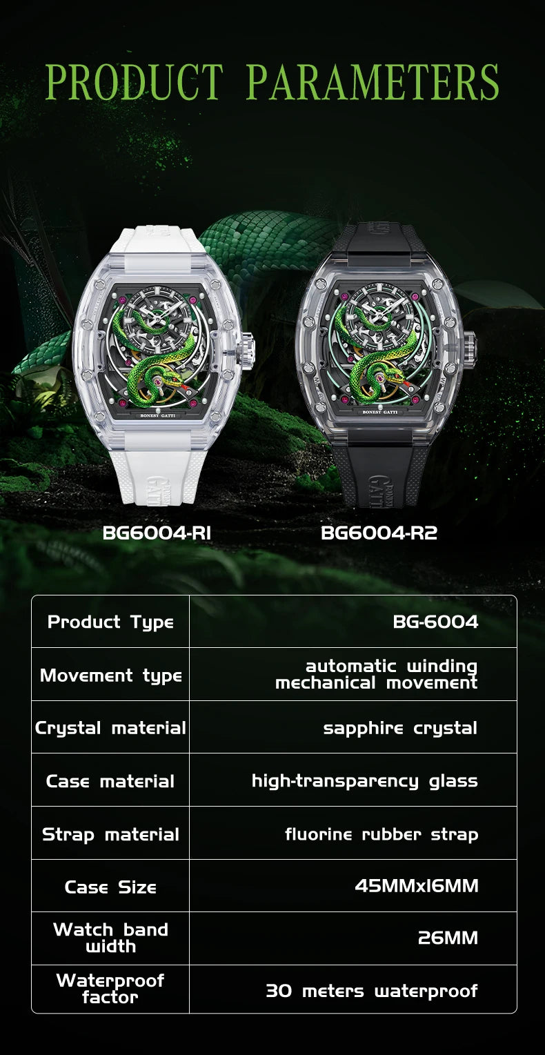 BONEST GATTI Men's Mechanical Watch Sapphire Crystal Double-Sided Hollow Out Luminous 30M Waterproof Snake Pattern Dial Wristwatch