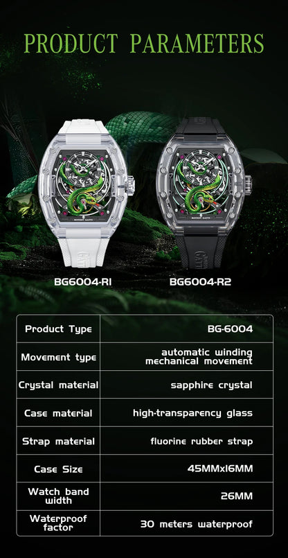 BONEST GATTI Men's Mechanical Watch Sapphire Crystal Double-Sided Hollow Out Luminous 30M Waterproof Snake Pattern Dial Wristwatch