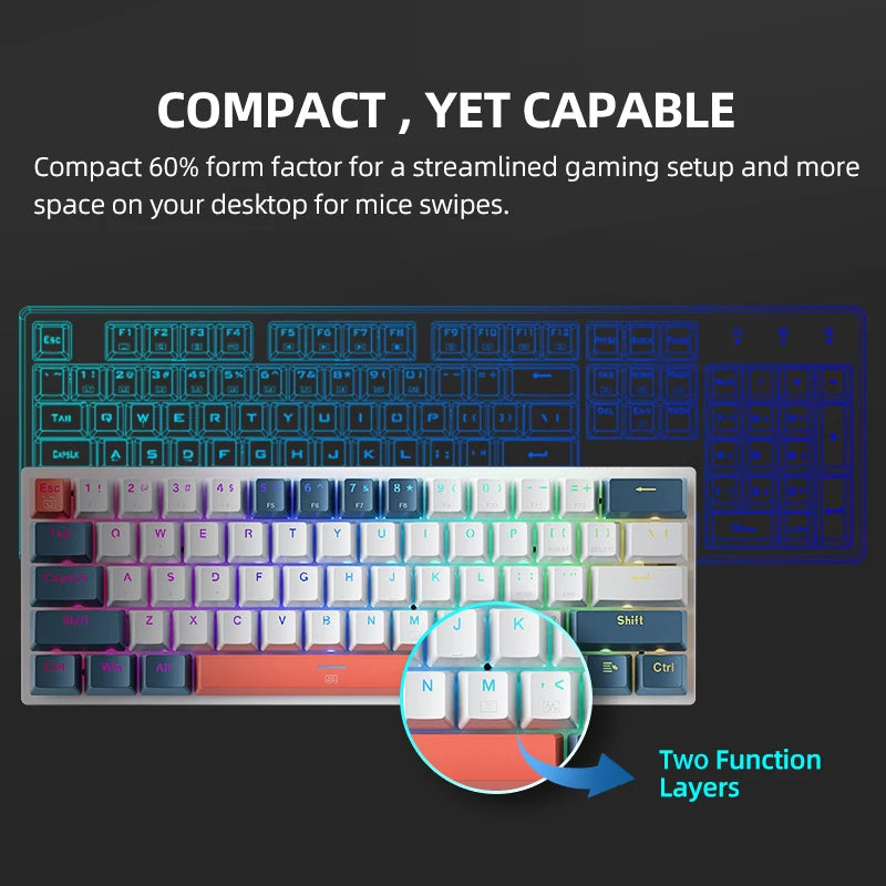 K500-B61 Machenike Mini teclado mecánico, formato 60%, 61 teclas, teclado gaming con cable, teclas totalmente hot-swappable y retroiluminación RGB