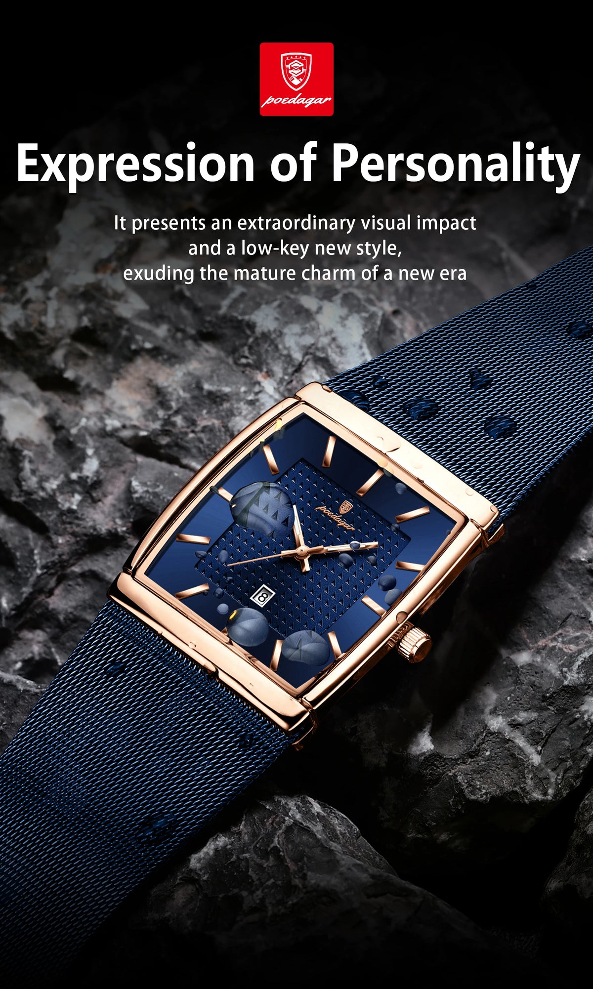 POEDAGAR Men’s Luxury Rectangle Quartz Watch Stainless Steel Mesh Strap, Luminous Dial & Date