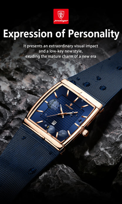 POEDAGAR Men’s Luxury Rectangle Quartz Watch Stainless Steel Mesh Strap, Luminous Dial & Date