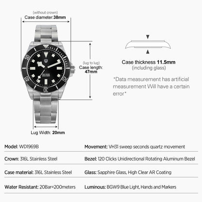 Watchdives WD1969 PRO Men Quartz Watch Sapphire Crystal Luminous Waterproof VH31Sweep Seconds Movement Stainless Steel Watches