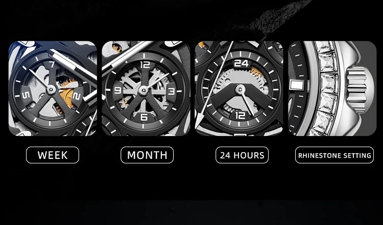 Diamond Bezel Stainless Steel Automatic Watch Fashion Mulitfunction Waterproof Luminous Mechanical Watches for Men