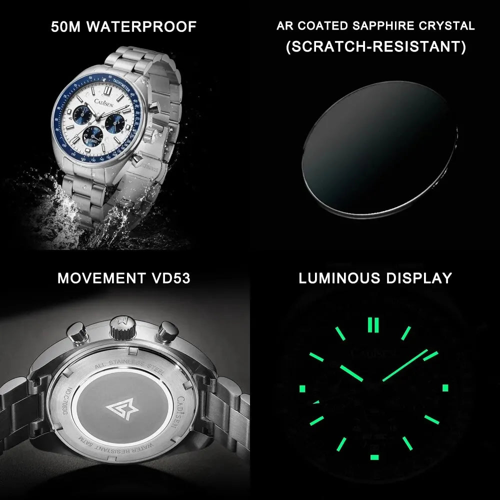 CADISEN 2024 New Men's Watches Quartz Business Watches Japan VD53 Men's Clock Top Brand Luxury Watch Men's Chronograph Watch