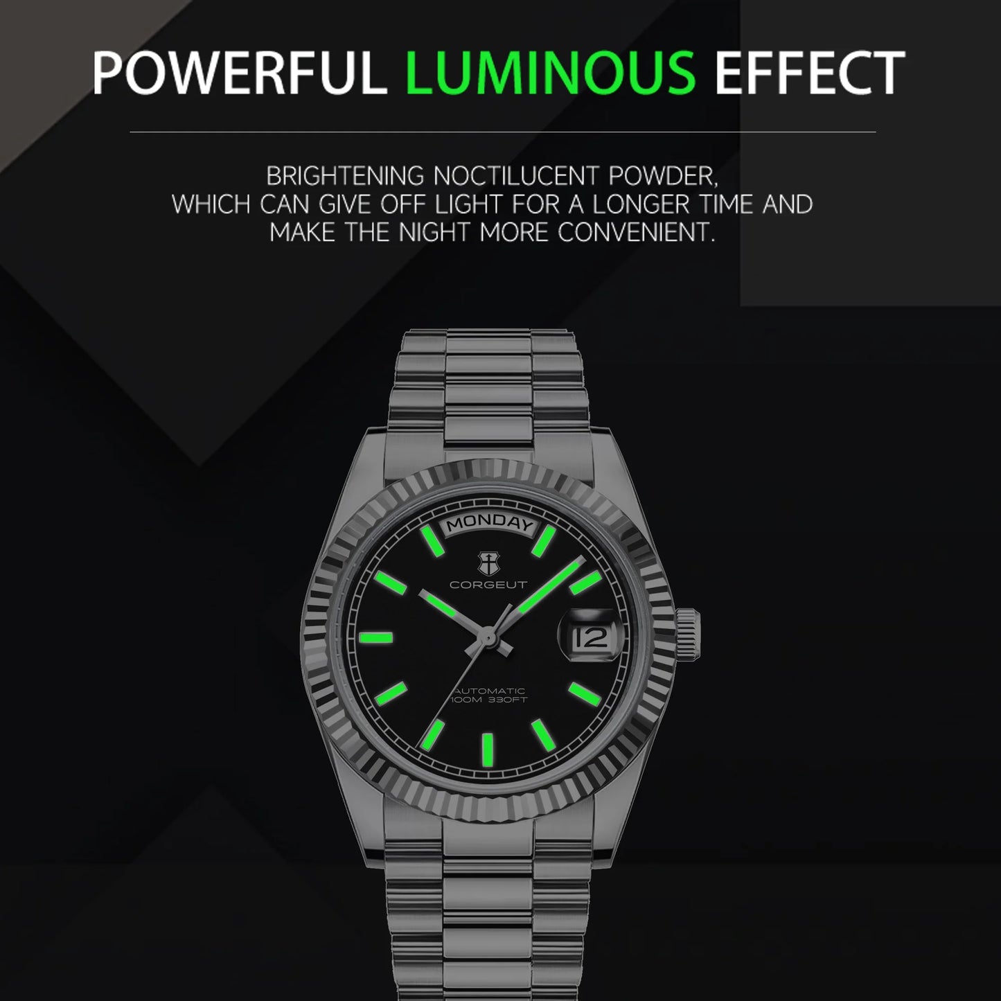 CORGEUT NH36 Mechanical Men's Watch Date of the Week Show President Chain Strap Steel Case Watch Threaded Arc Bezel waterp