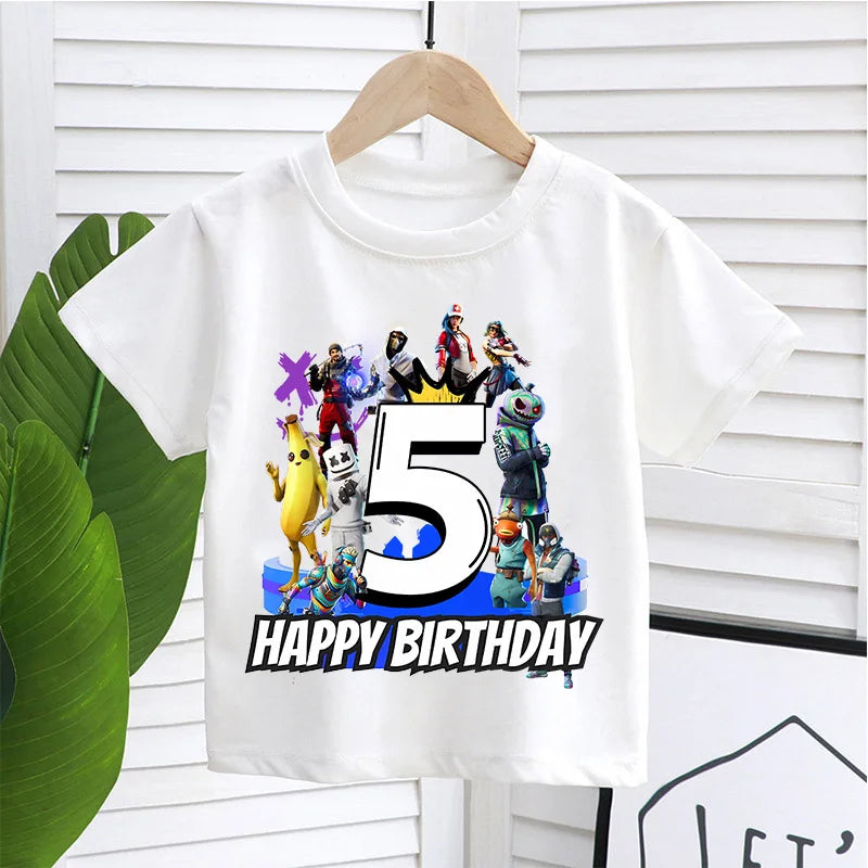 Fortnite Kindergeburtstag Zahlen-T-Shirt für Mädchen und Jungen, Sommerkleidung, Baby-Baumwoll-T-Shirt, Party-Kurzarm-Oberteil, Geschenk für Kleinkinder