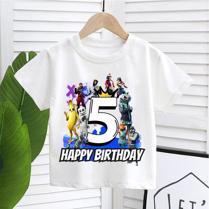 Fortnite Kindergeburtstag Zahlen-T-Shirt für Mädchen und Jungen, Sommerkleidung, Baby-Baumwoll-T-Shirt, Party-Kurzarm-Oberteil, Geschenk für Kleinkinder