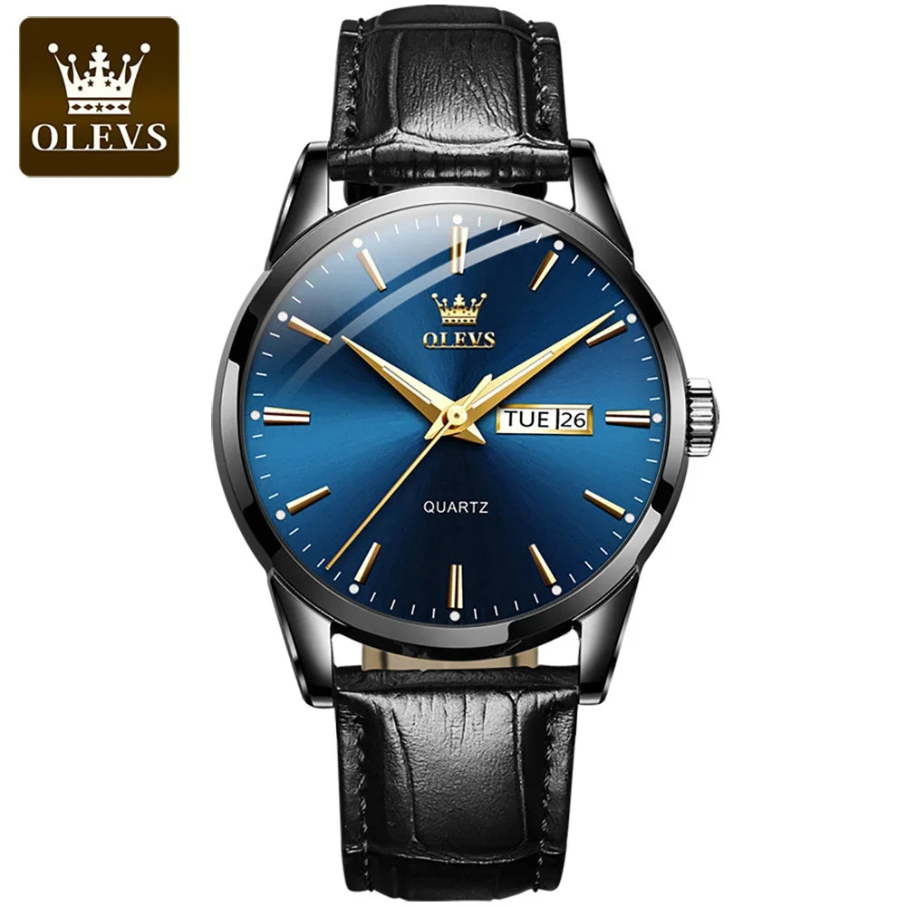 OLEVS-kwartshorloge voor heren – Luxe en elegante stijl, leren band, datum- en dagweergave, waterdicht, ideaal voor op het werk