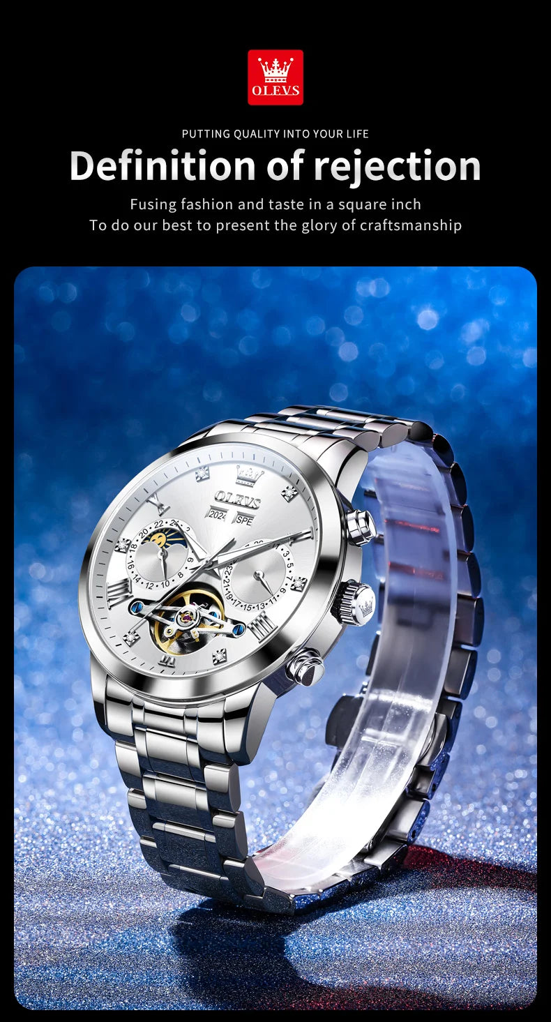 OLEVS Men's Watches - Moon Phase Hollow Flywheel Exclusive Original Automatic Mechanical Watches For Men Luxury Man Watch New 7029