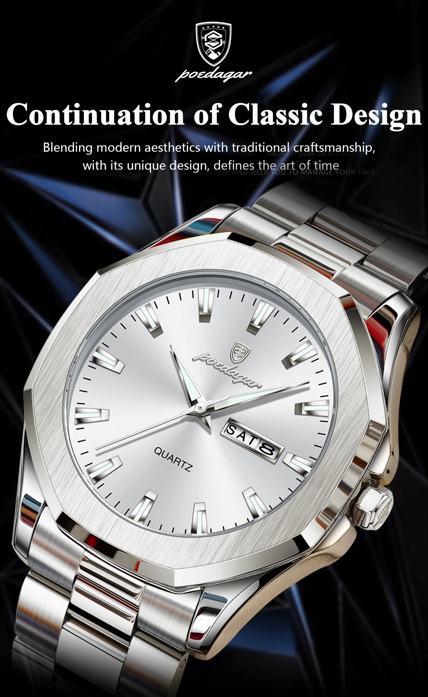 POEDAGAR Luxury Men Wristwatch Waterproof Luminous Week Date Casual Man Clock Stainless Steel Quartz Fashion Men's Watches Reloj