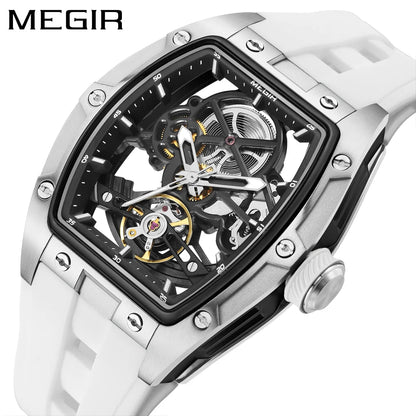 Relógio mecânico para homem MEGIR, formato de barril, mostrador esqueletizado com aberturas, estilo desportivo, bracelete em silicone, relógio automático de luxo