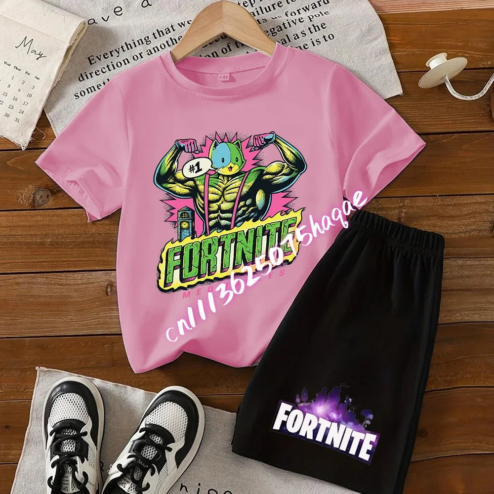 Fortnites Kids T Shirt Shorts Set Cartoon Figure Printed T Shirts Children Tops Summer Casual Sportswear Kids Boys Clothing