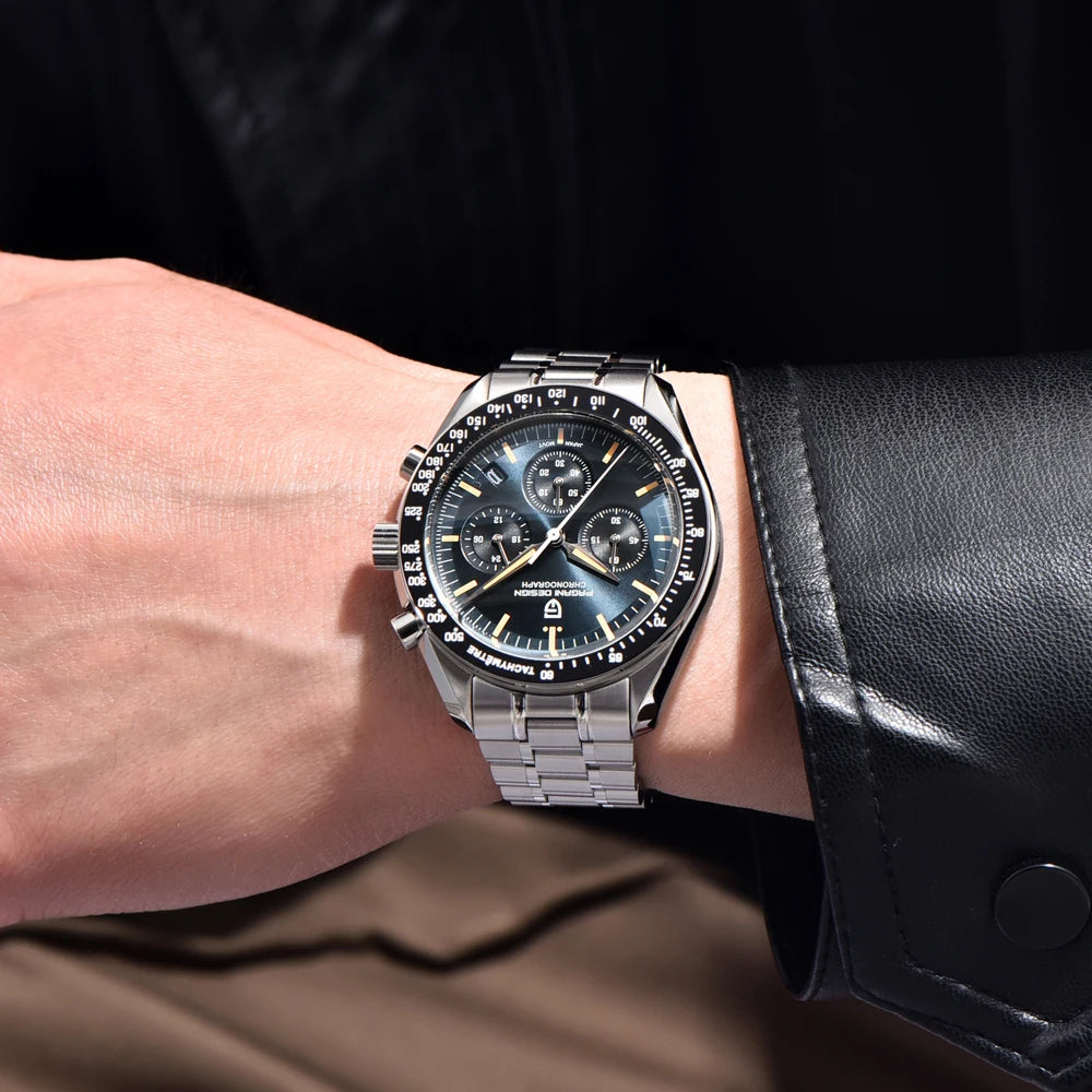 Zegarek męski PAGANI DESIGN „New Moon” – luksusowy zegarek kwarcowy, chronograf, szkło szafirowe z powłoką antyrefleksyjną, ceramiczna ramka, świecące wskazówki