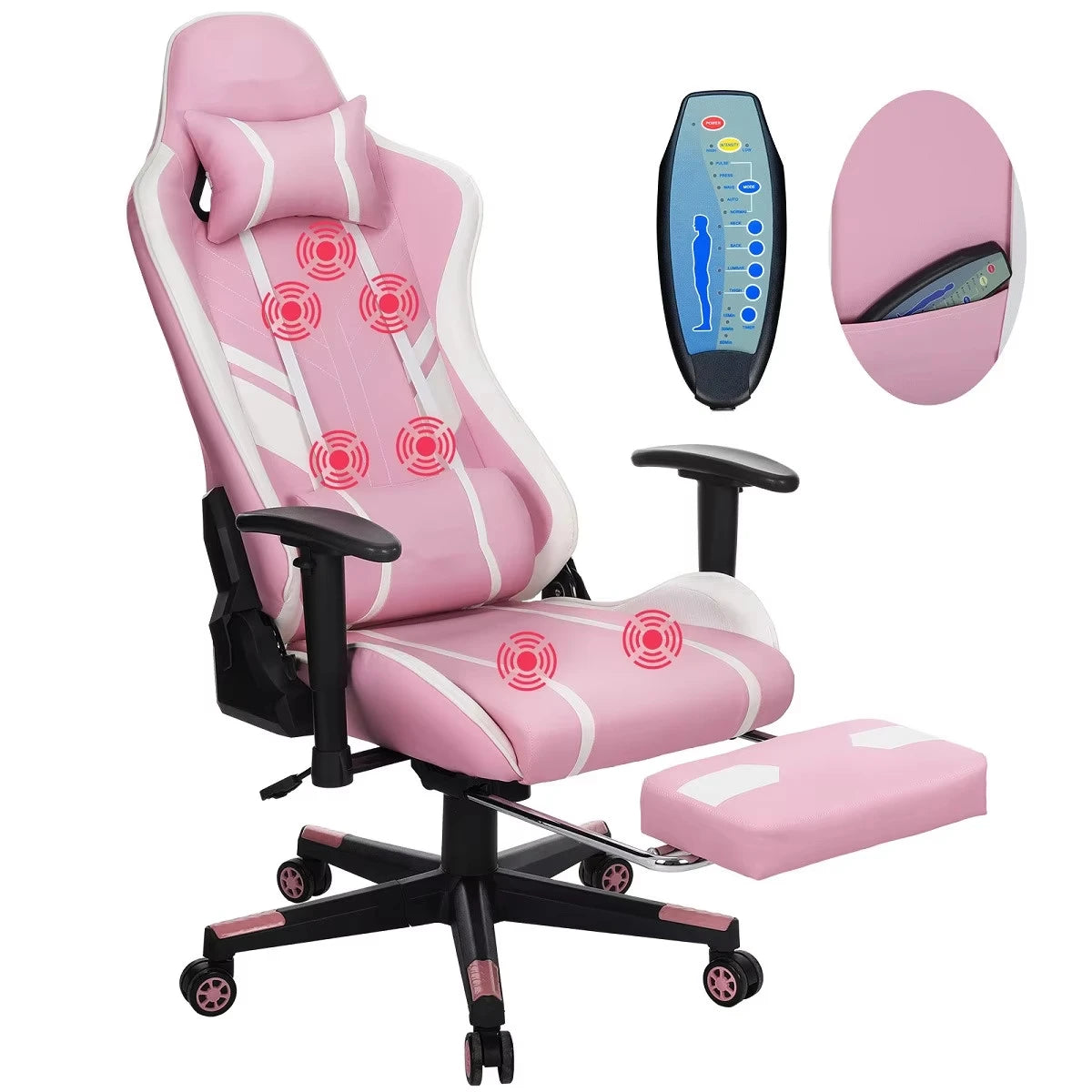 Massage Gaming Chair Ergonomic Office Chair with Footrest, 7-Point Massage Gaming Chair with Lumbar Support, Reclining Gamer Seat GC-RC03