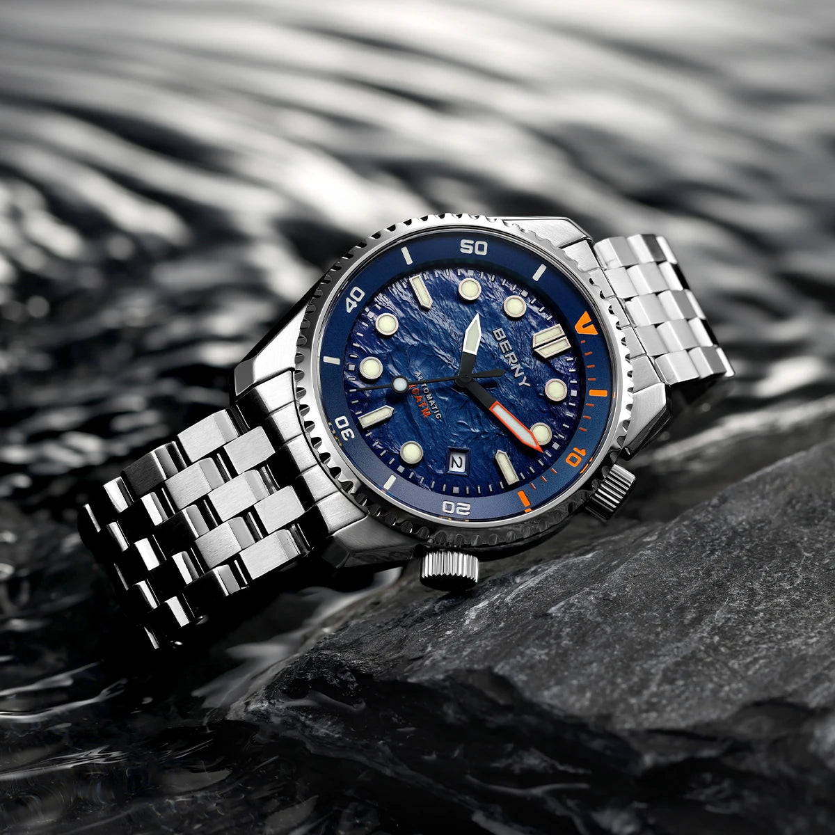 BERNY Automatic Diver Watch for Men Top Luxury Sapphire 316L Steel Blue Dial 200M Waterproof Mechanical Diving Men's Watches