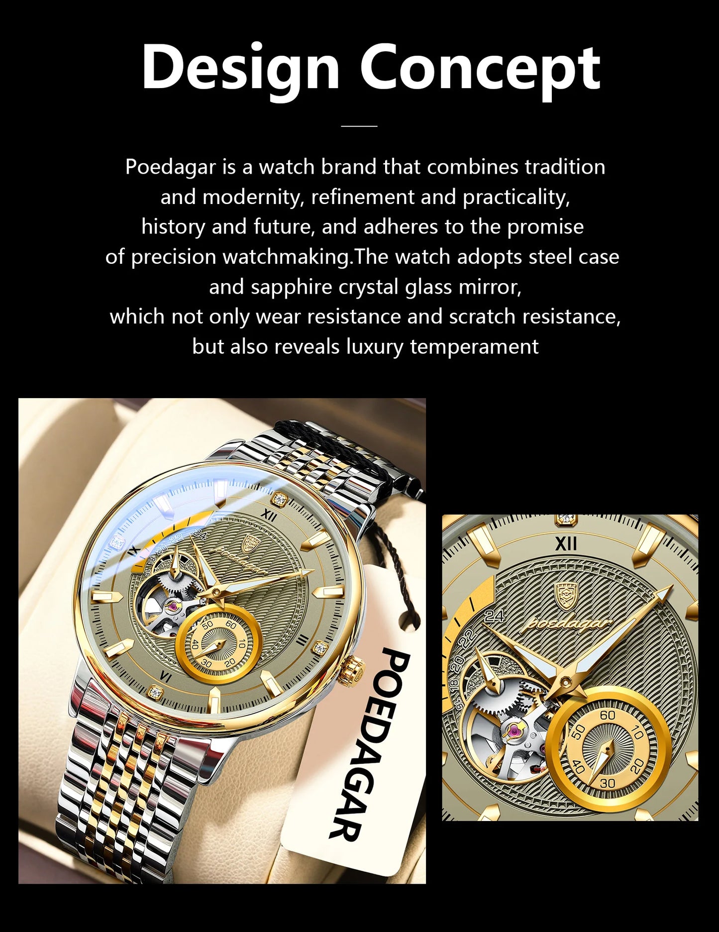 POEDAGAR Top Luxury Man Wristwatch Luminous Hollow Tourbillon Stainless Steel Men Clock Mechanical Automatic Men's Watches Reloj