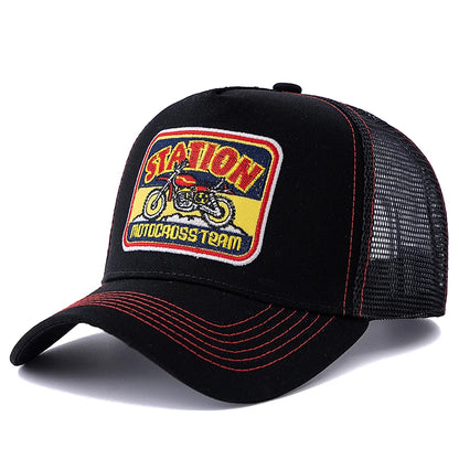 Unisex hálós trucker sapka, klasszikus motoros mintával, lélegző nyári baseball sapka, utcai divat sapka férfiaknak és nőknek
