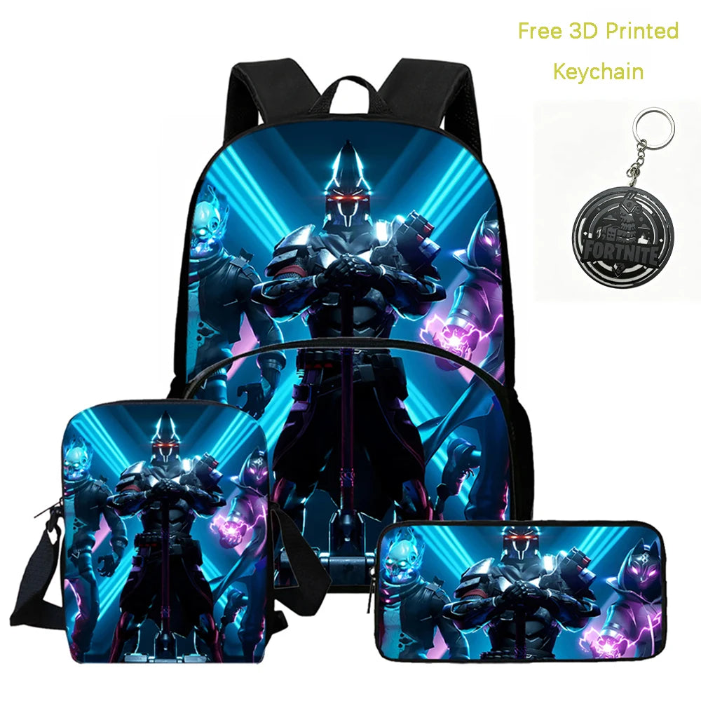FORTNITE 3-Piece Lightweight Backpack Set with Front Pocket, Crossbody Bag & Pencil Case for Ages 5-9 Boys and Girls, Includes Free 3D Printed Keychain