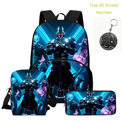 FORTNITE 3-Piece Lightweight Backpack Set with Front Pocket, Crossbody Bag & Pencil Case for Ages 5-9 Boys and Girls, Includes Free 3D Printed Keychain