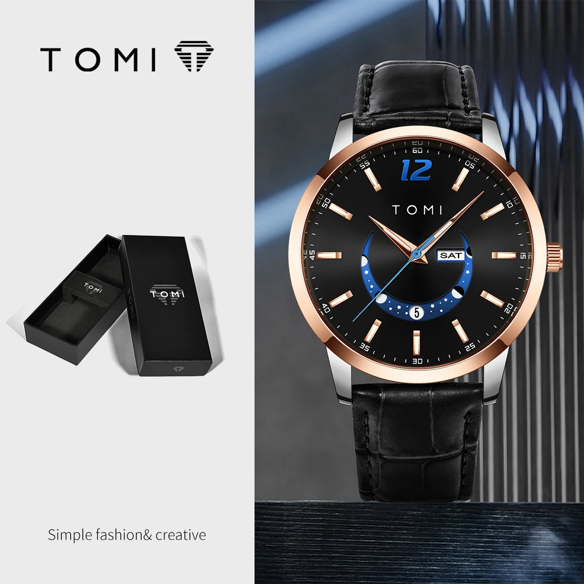 Ceas cu cuarț TOMI, stil business și elegant, cu brățară din piele, carcasă din aliaj și cadran cu ace – Design de înaltă calitate, idee de cadou pentru bărbați