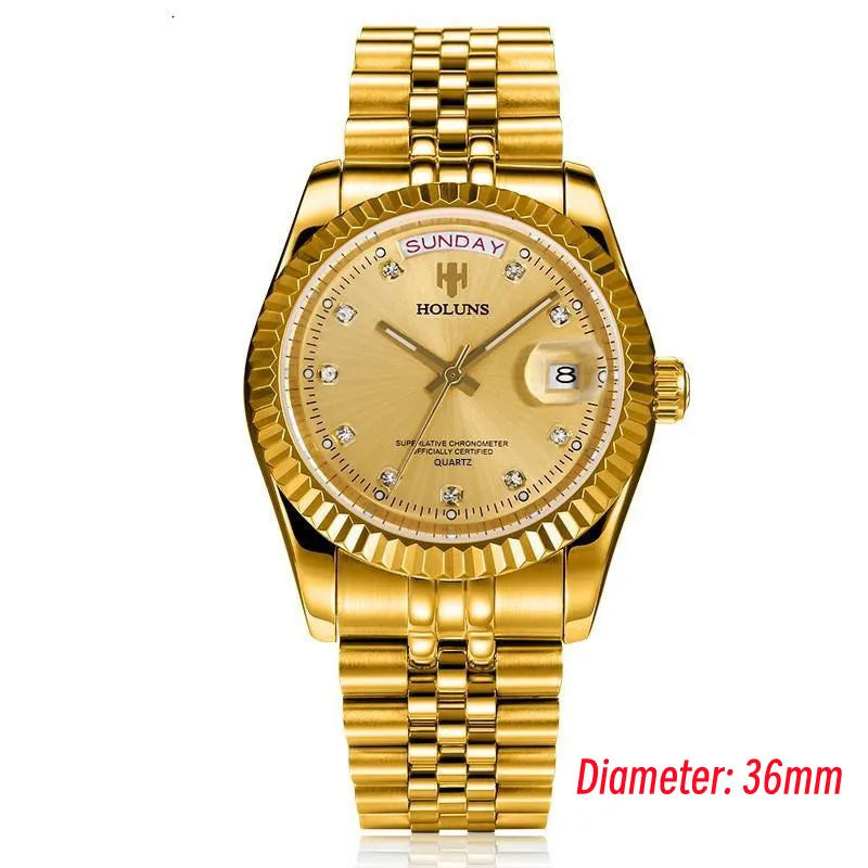 Holuns Luxury Classic 36/41mm Gold Men Watches Japan MIYOTA Quartz Movt Stainless Steel Classic Business Wristwatch Waterproof