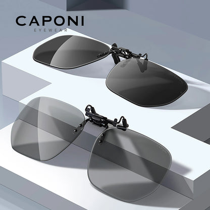 CAPONI New Sunglasses Clip For Men Square Polarized Photochromic Glasses Clip Flipped Up Protect Eyes Light Clip On Frame BS1103