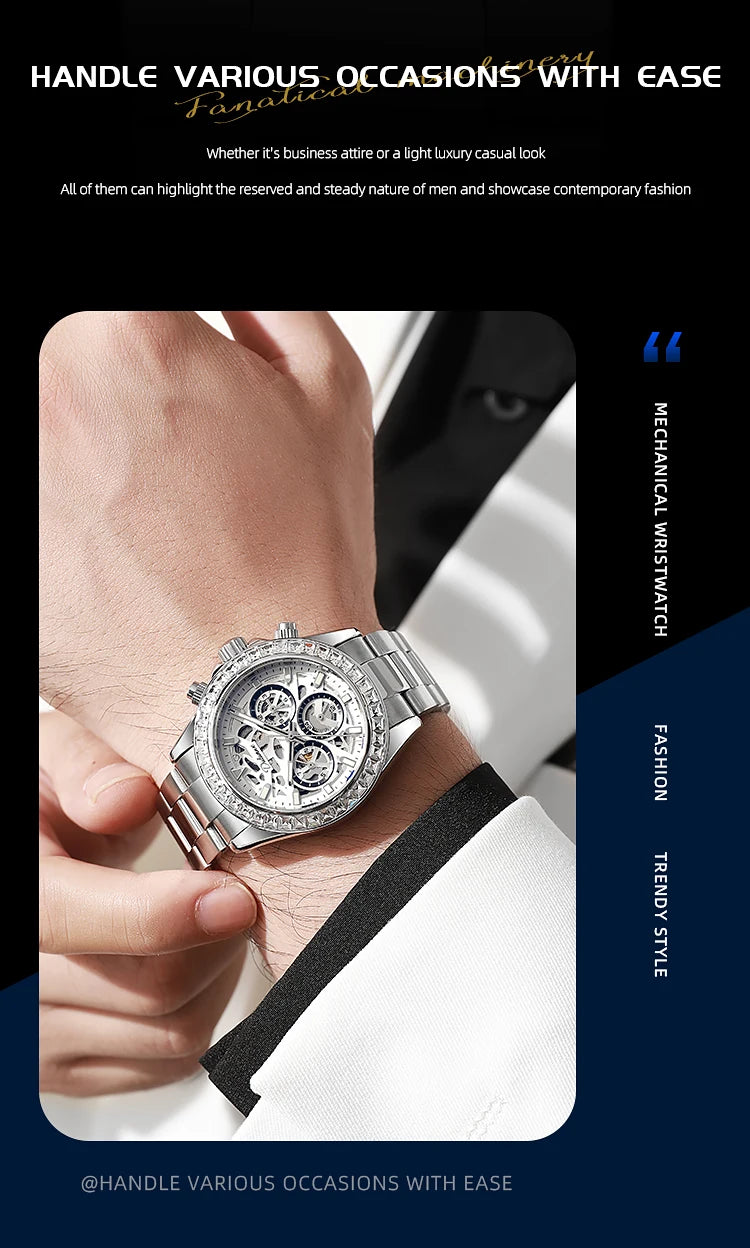 Diamond Bezel Stainless Steel Automatic Watch Fashion Mulitfunction Waterproof Luminous Mechanical Watches for Men